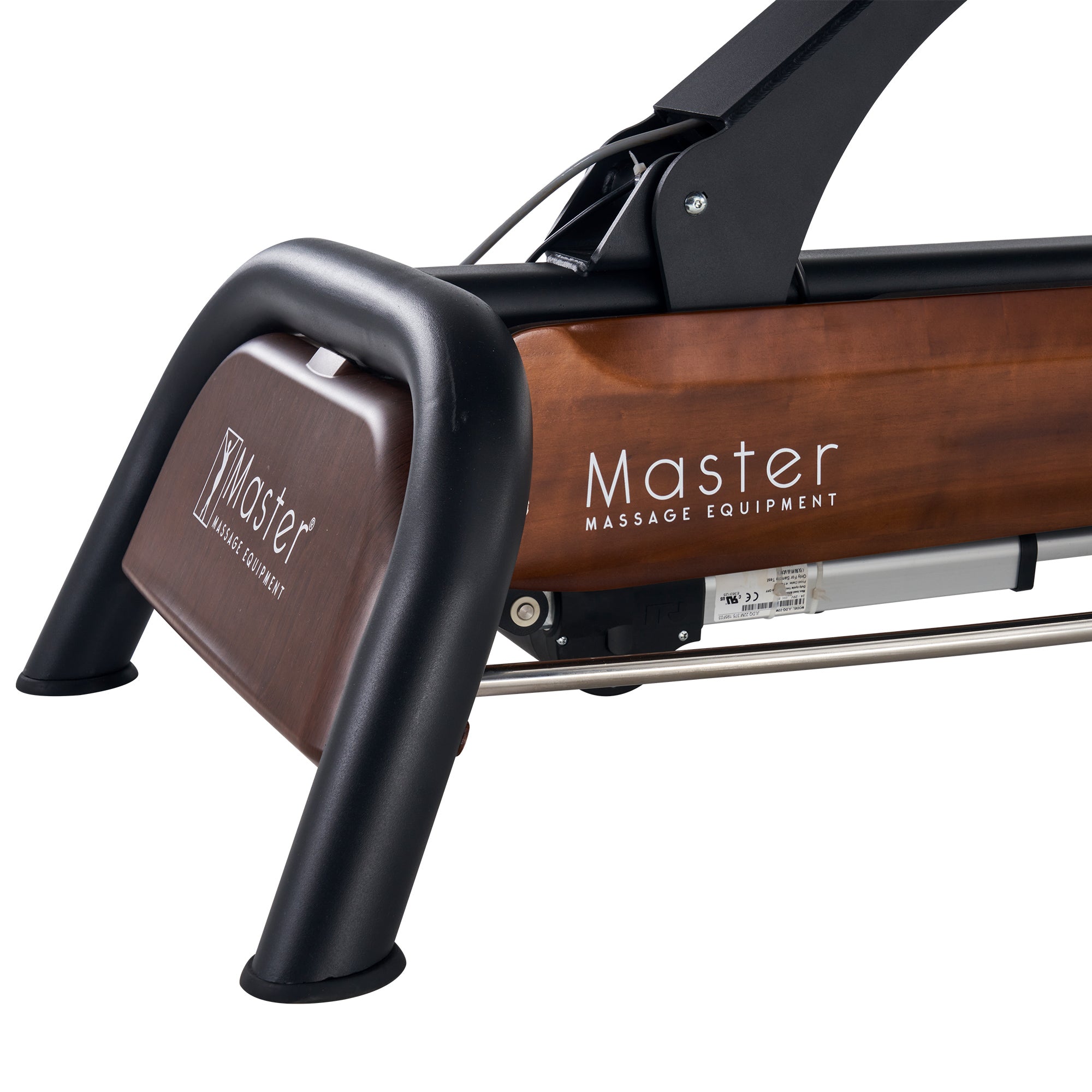 Close-up of Master Massage Atlas Flat Electric Lift Bed frame with black legs and elevaFlex padding.