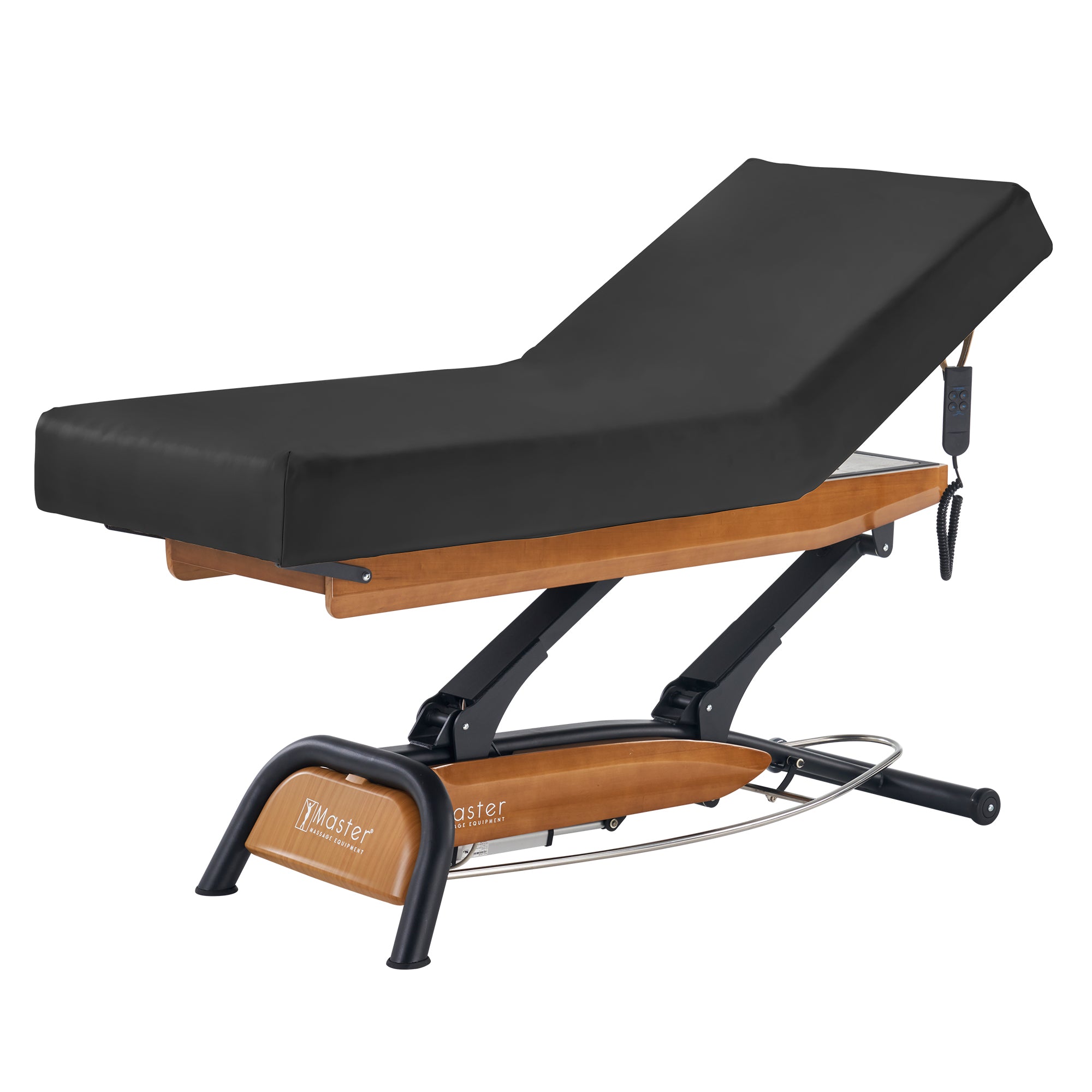 Master Massage Atlas Liftback Bed with ElevaFlex padding, wooden base, and remote control.