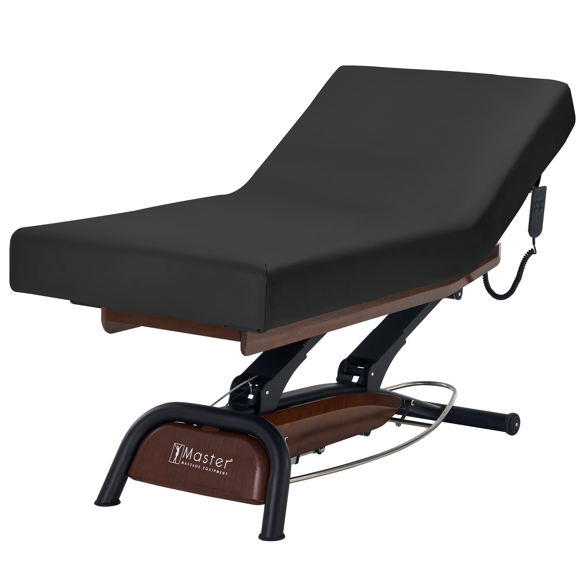Master Massage Atlas Liftback electric spa bed with ElevaFlex padding, wood frame, remote.