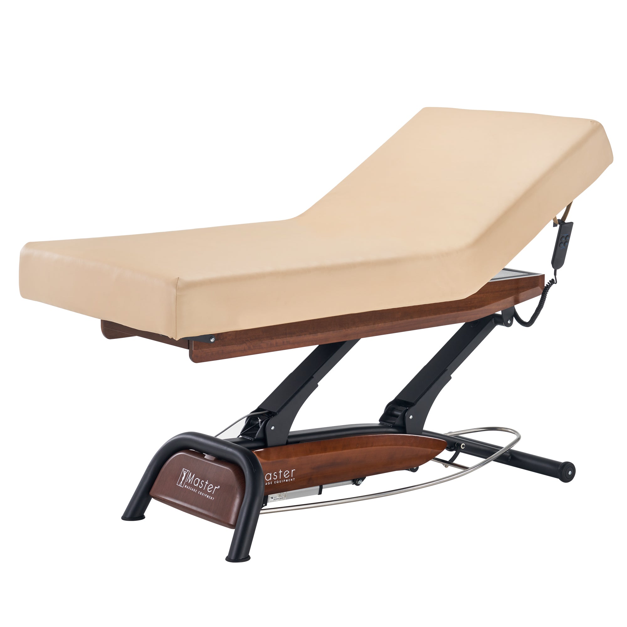 Master Massage Atlas Liftback bed: beige, wooden base, ElevaFlex padding, adjustable lift.