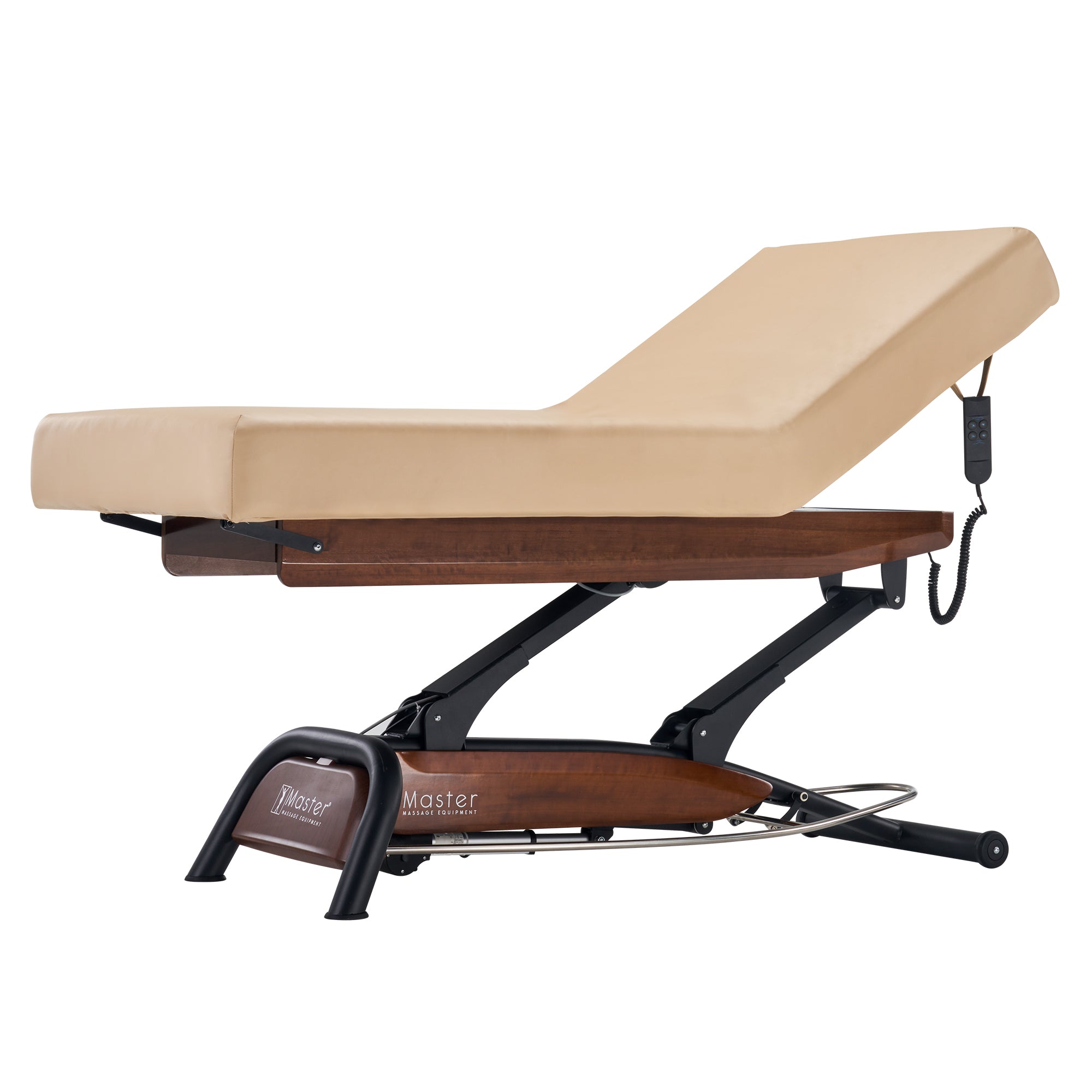 Master Massage Atlas Liftback bed with ElevaFlex padding, wood base, and remote control.