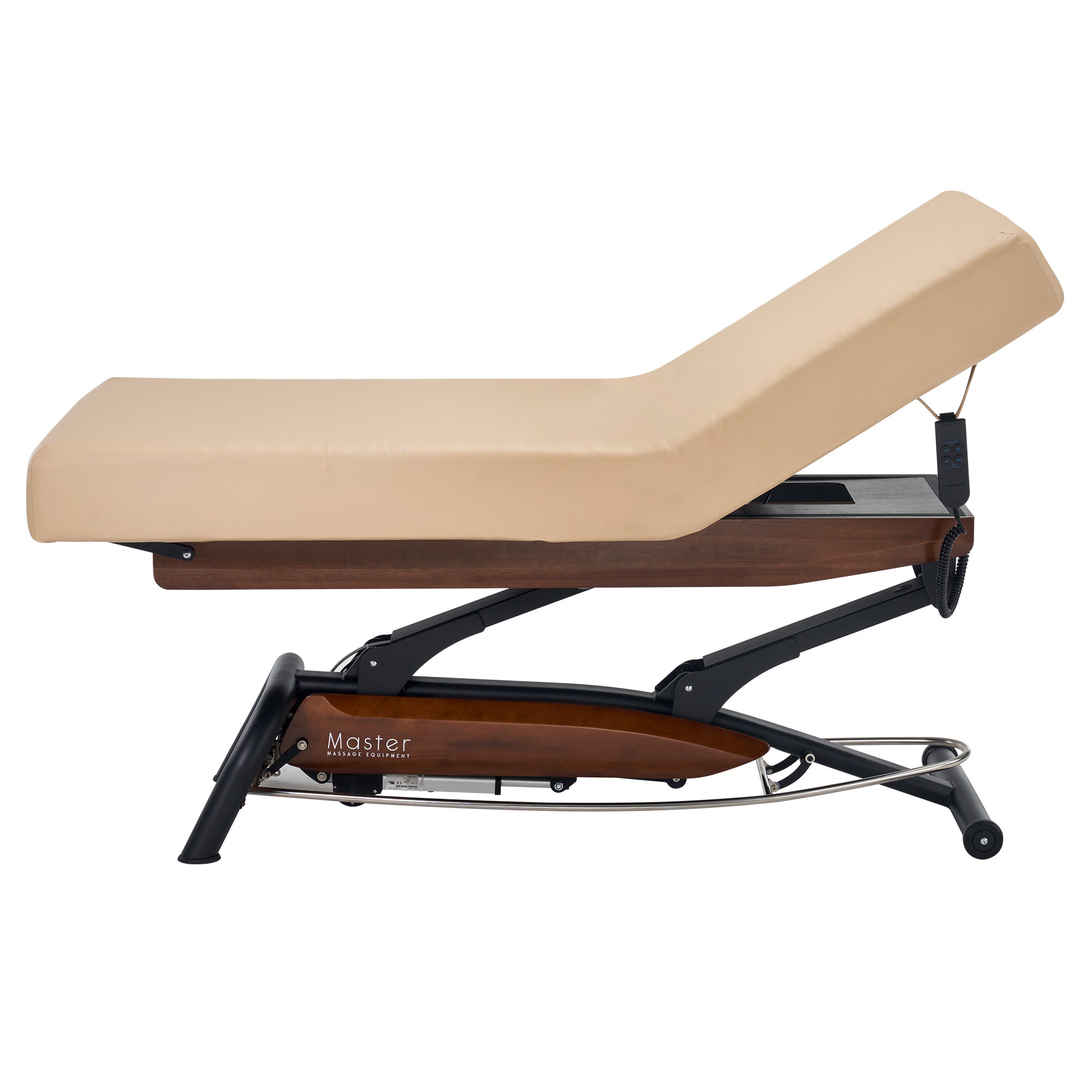 Master Massage Atlas Liftback Electric Spa Bed with ElevaFlex padding, shown in profile view.
