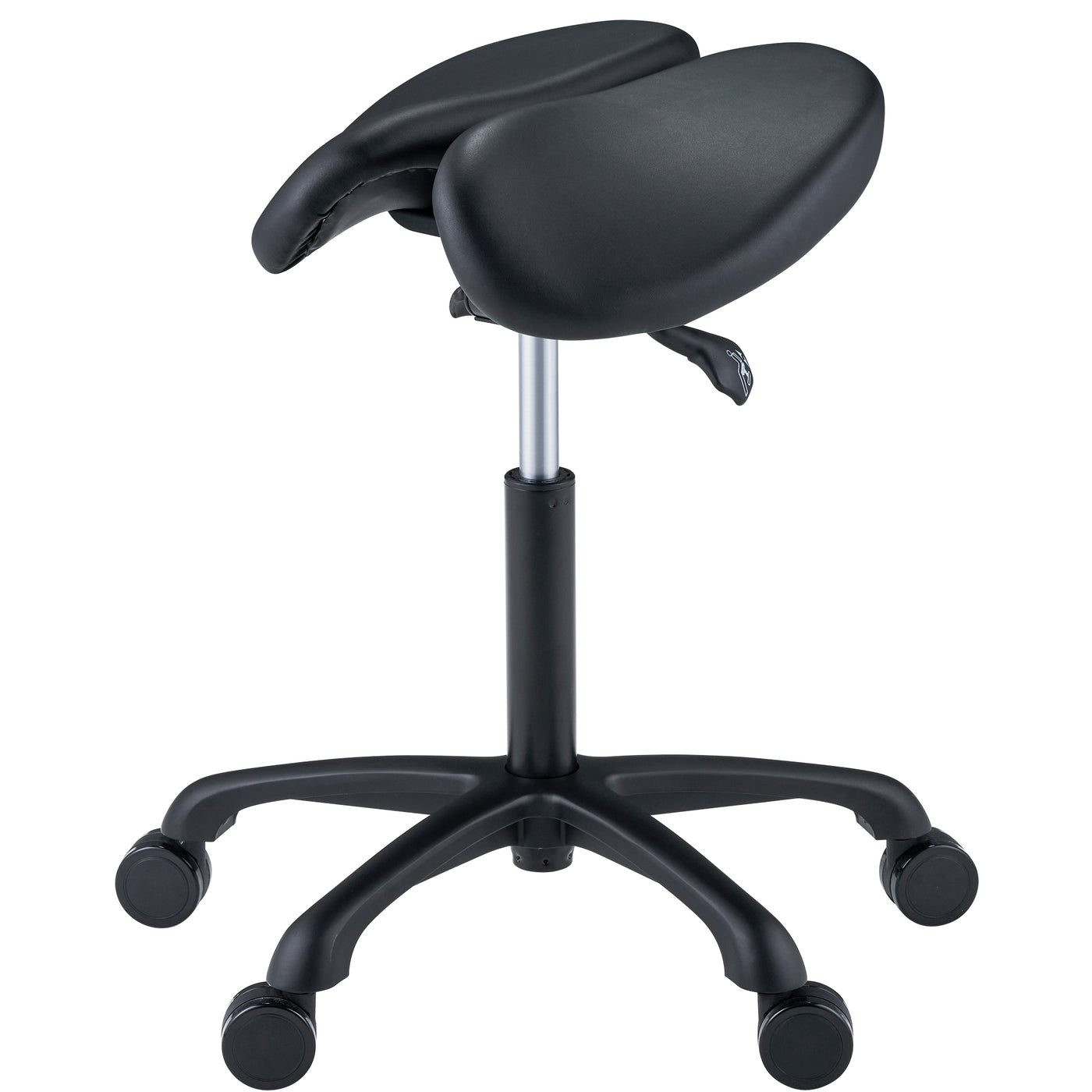 Black saddle stool with wheels on a white background