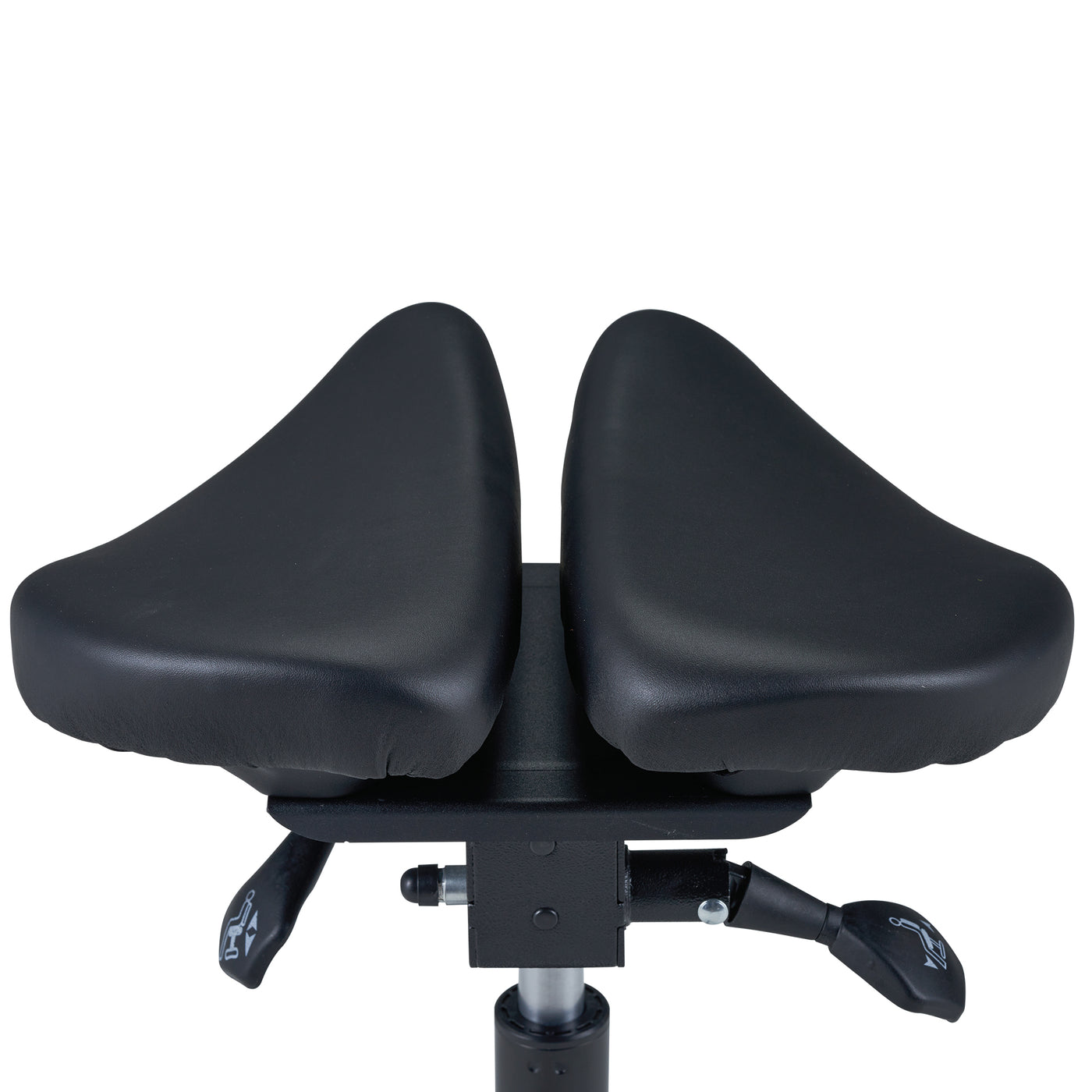 Black Master Massage Berkeley Ergonomic Posture Saddle Chair with adjustable mechanism on a white background