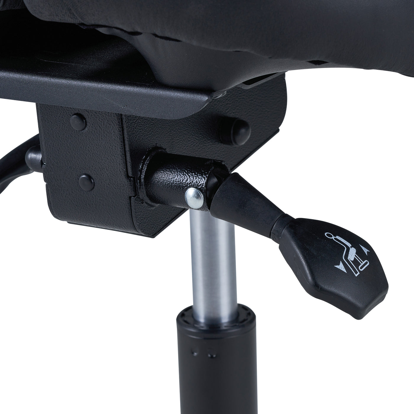 Close-up of a black Master Massage Berkeley Ergonomic Posture Saddle Chair on a white background