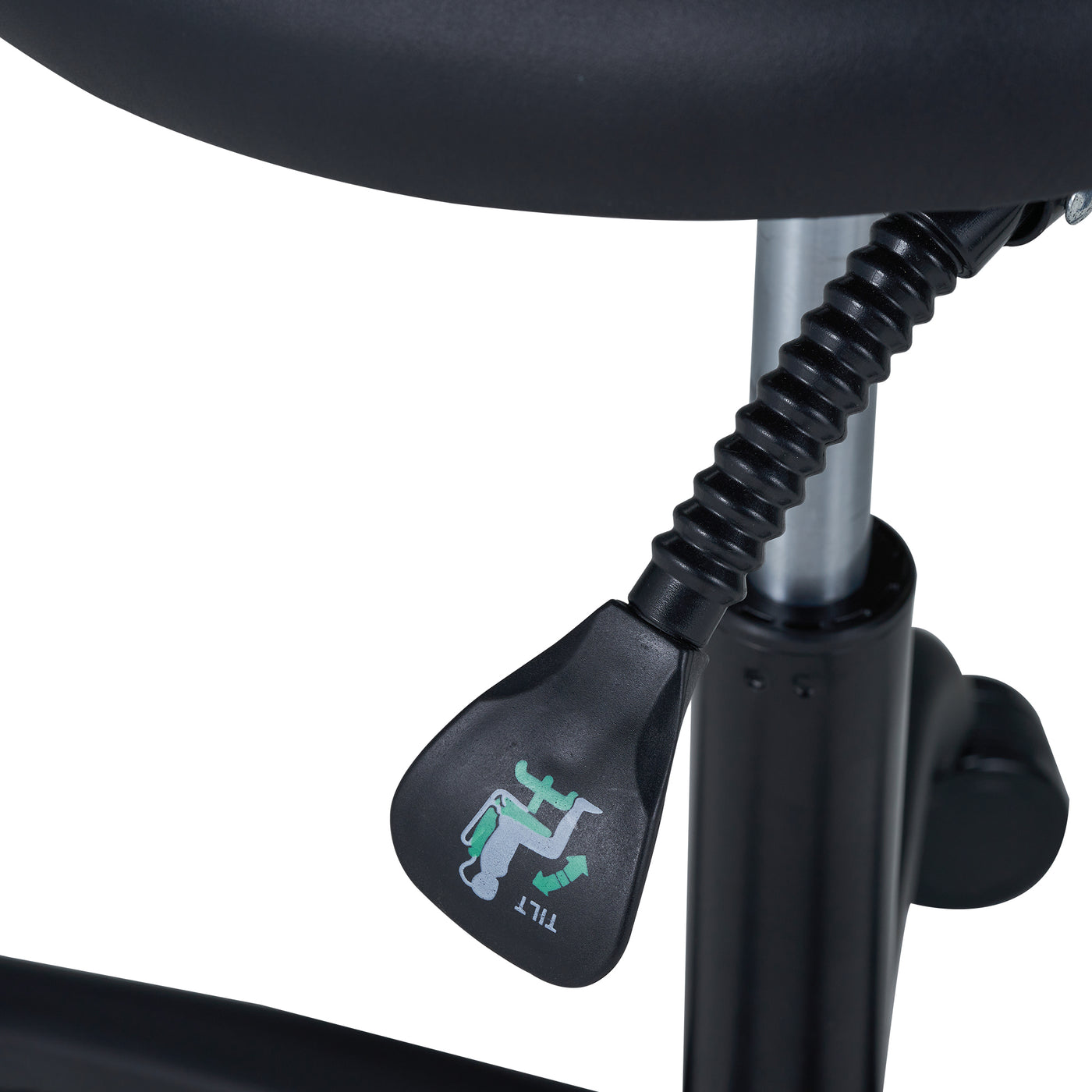 Close-up of a black adjustable chair with a tilt lever on a white background