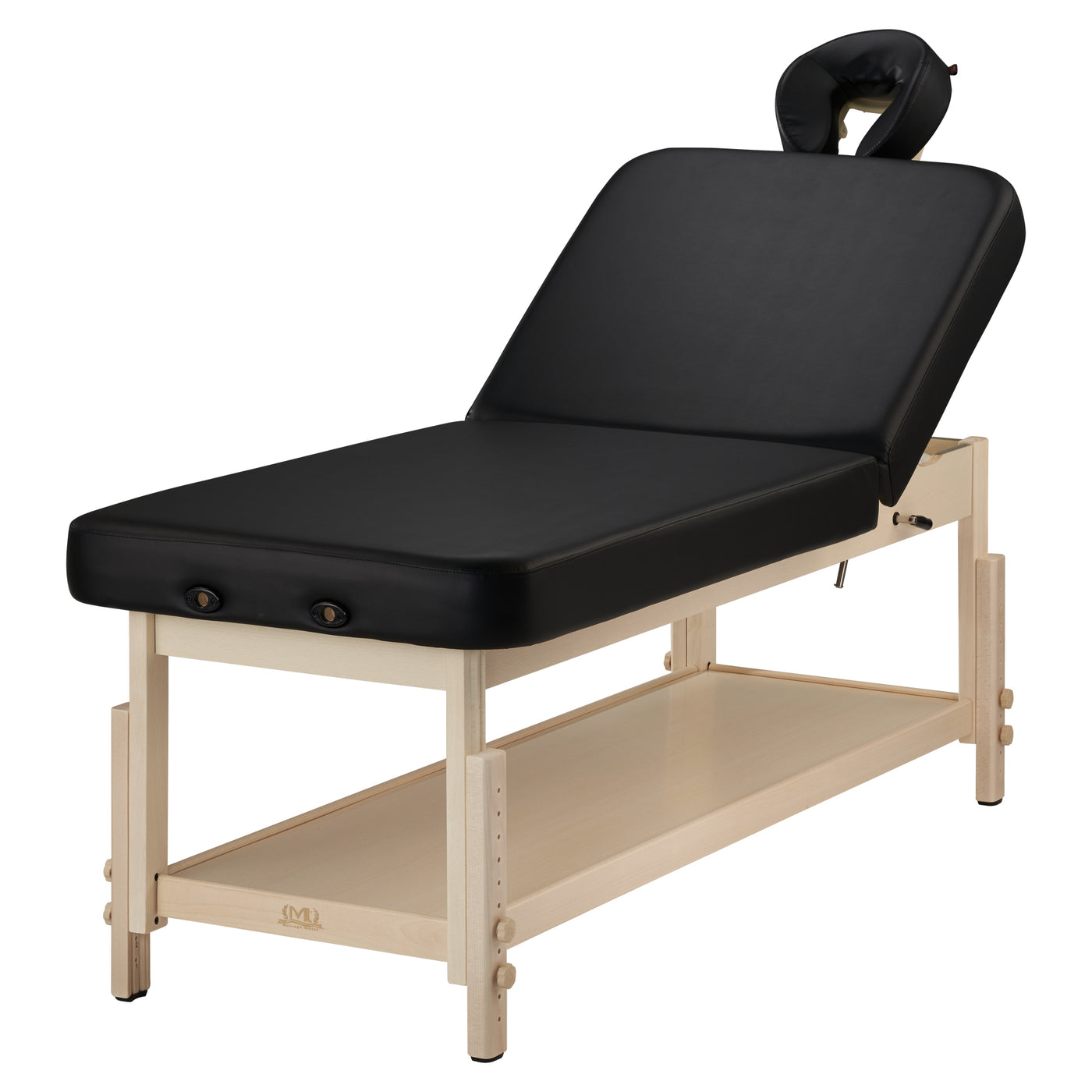 MT Massage HARVEY TILT Table: black, padded, lift back, face cradle, wood frame, lower shelf.