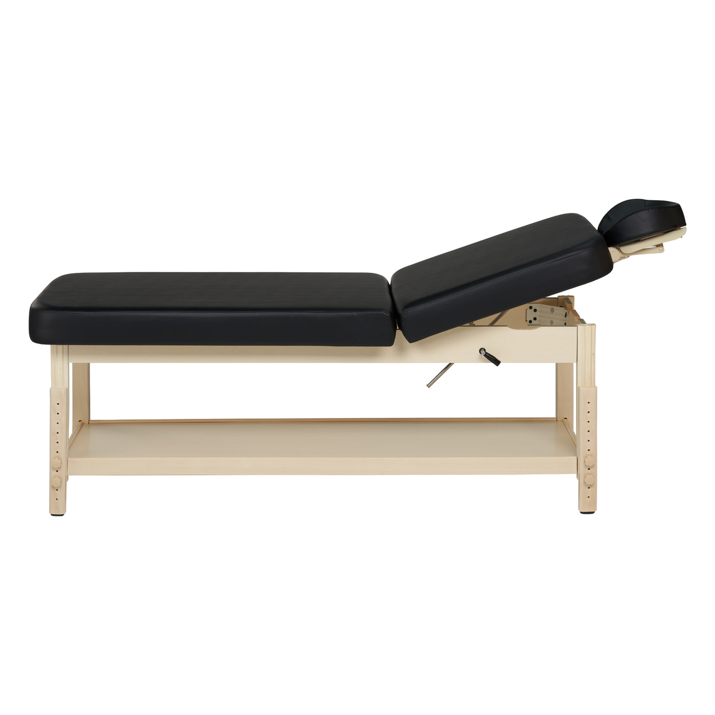 MT Massage HARVEY TILT Table by MT, black cushion, wood base, side view.