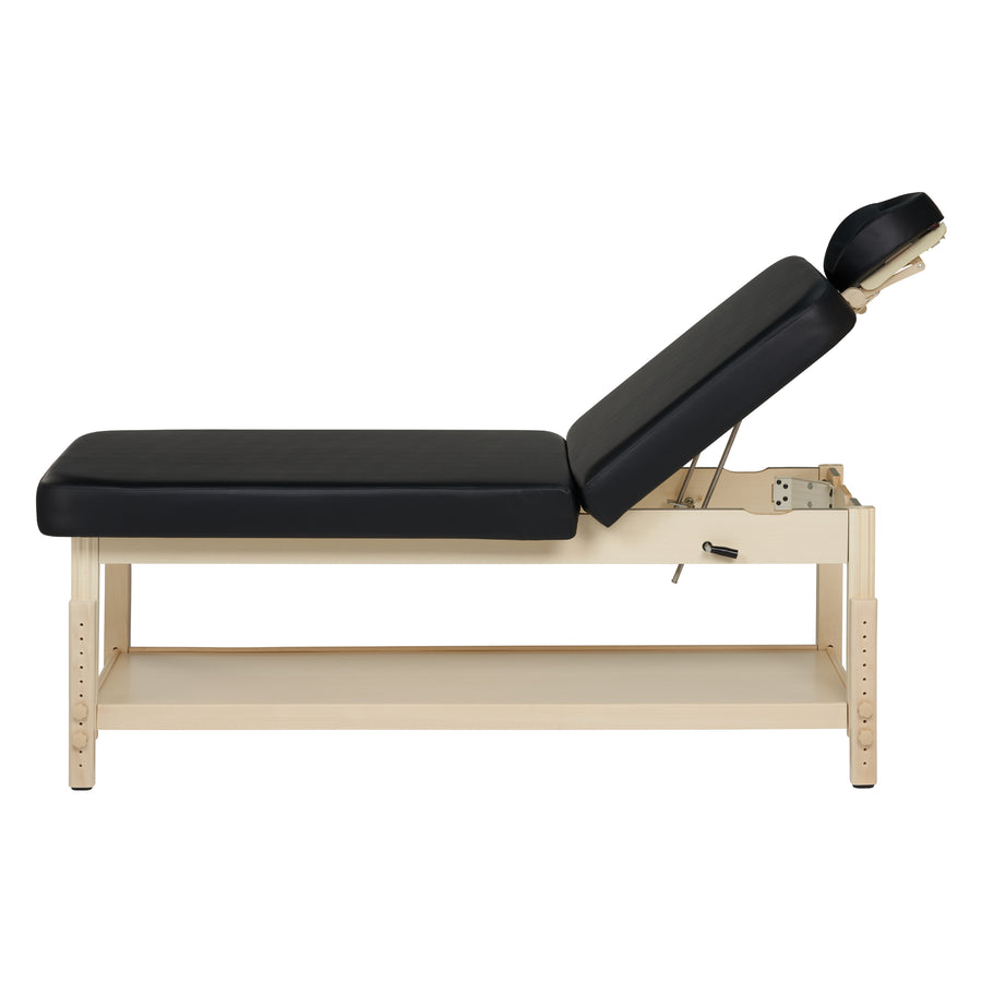 MT Massage HARVEY TILT Table Package by MT, black cushion, wood frame, side view.