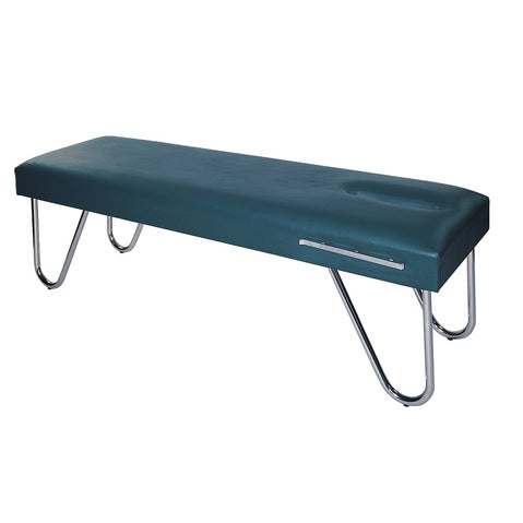 Galaxy Mfg 1993-CF green adjustable chiropractic table with metal legs and paper roll holder.