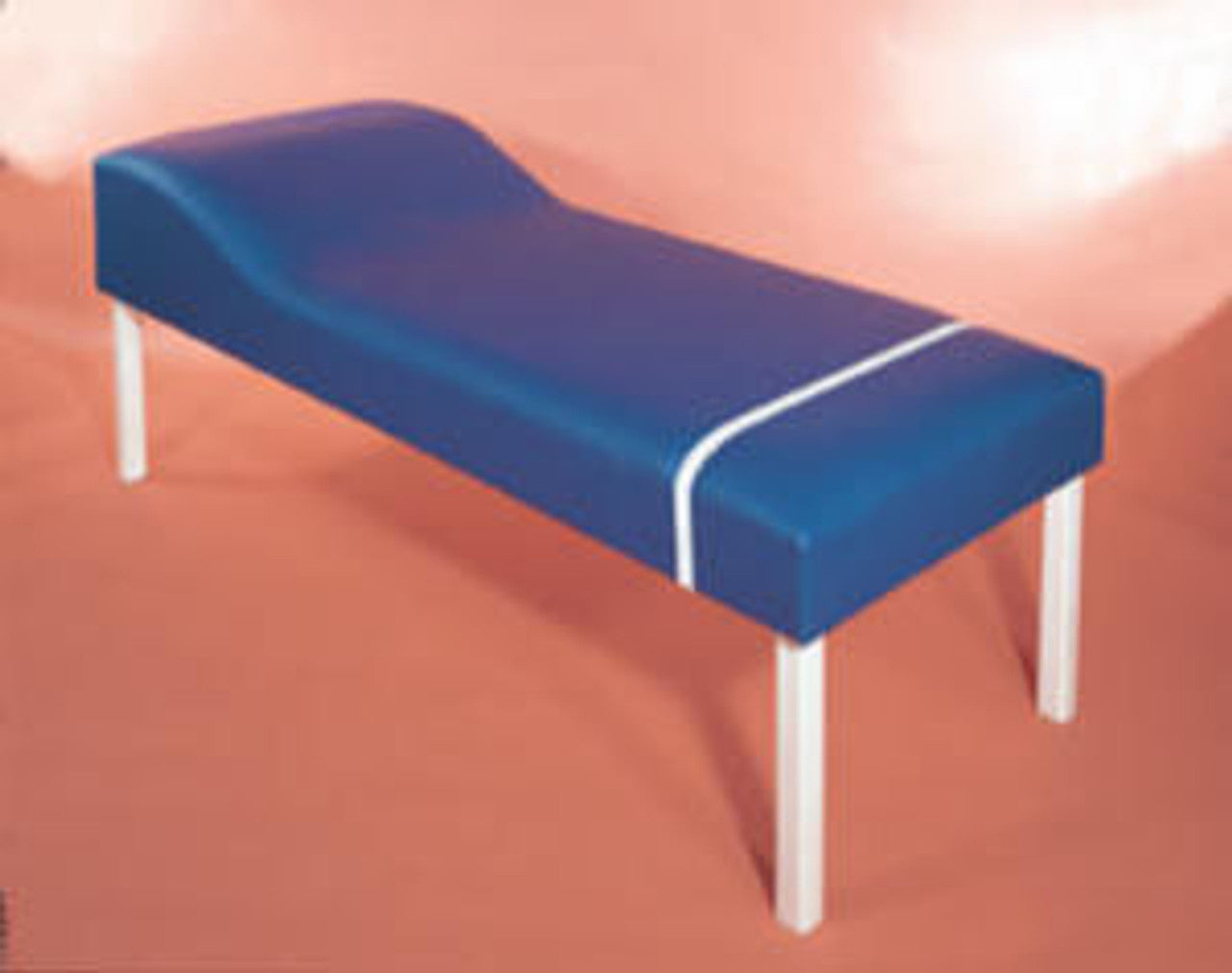 Galaxy Mfg 1990-27 blue recovery couch with white wood legs and curved backrest, on pink.