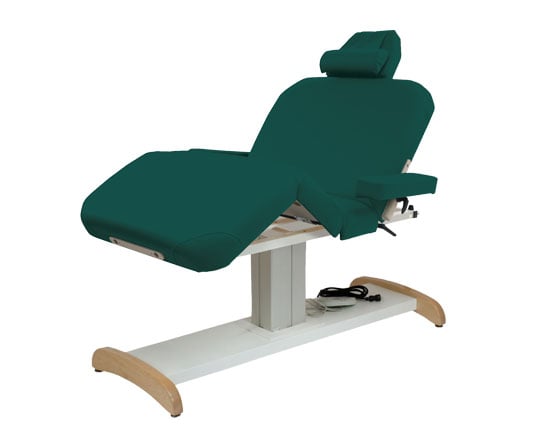 Teal Majestic Deluxe massage table with wooden legs on a white background