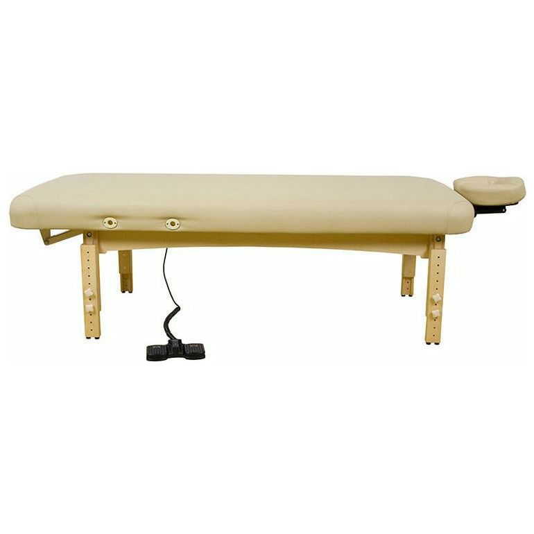 TouchAmerica OLYMPUS FLAT electric lift table with adjustable headrest and foot pedal.