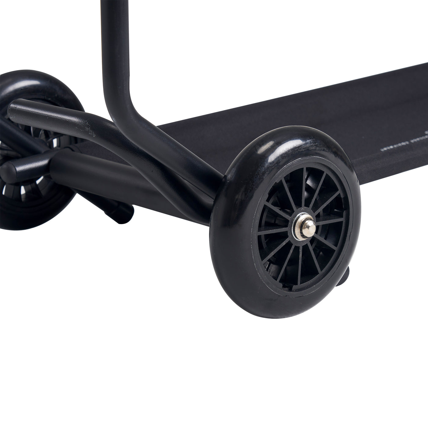 Close-up of a black Master Massage Universal Wheeled TABLE CART with wheels on a white background