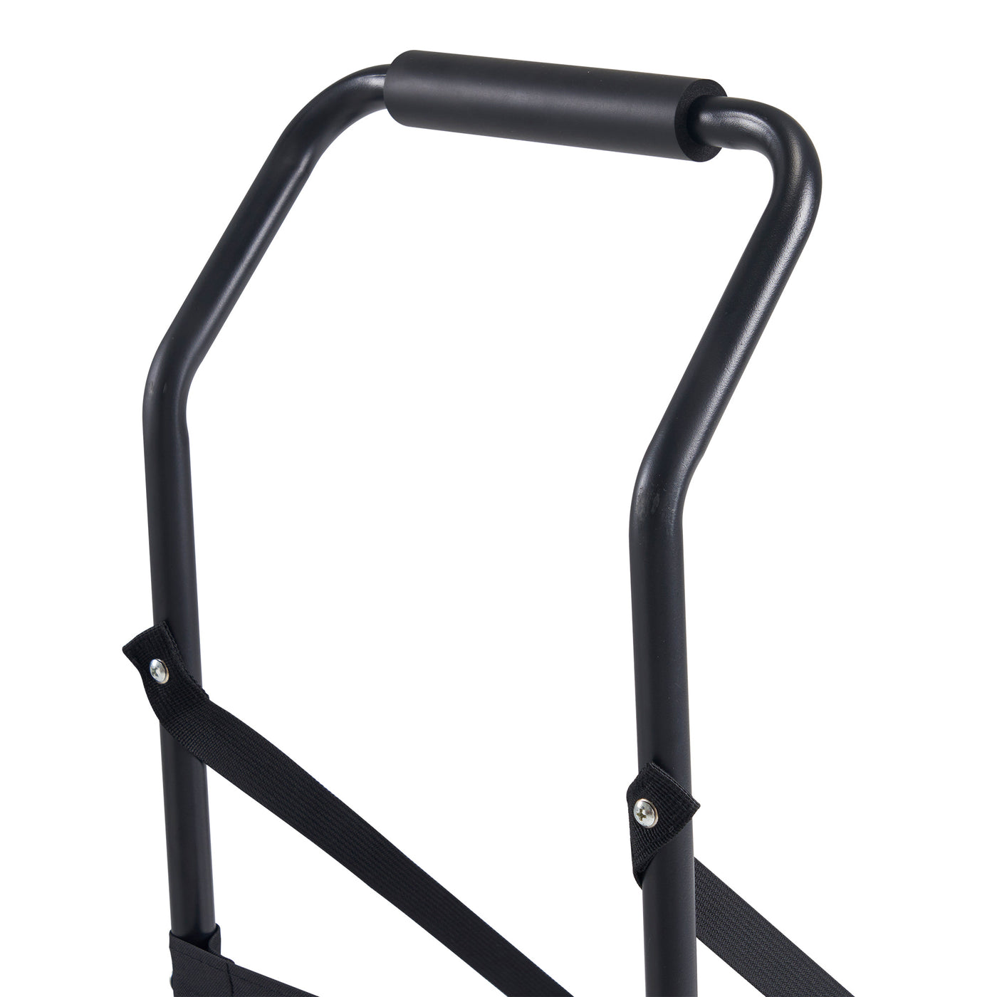 Black metal handle of a table cart on a white background
