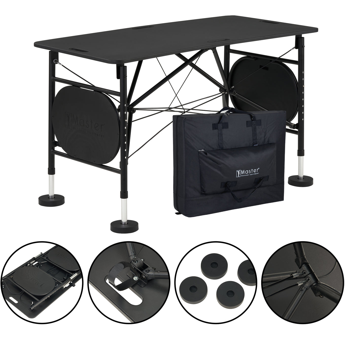 Master Massage MARS SPORT portable table with case, adjustable height, and detail views.