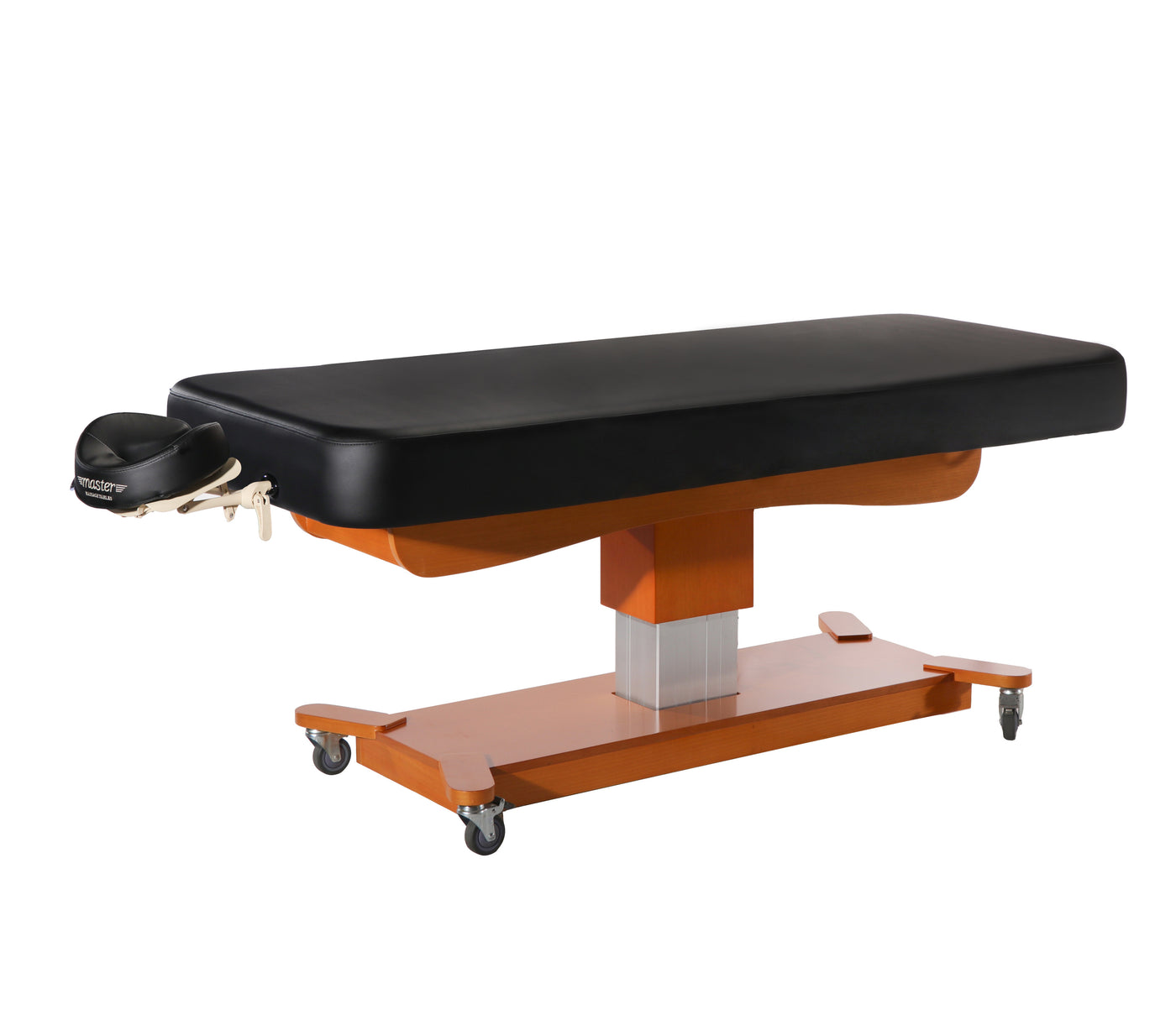 MT MAXKING Comfort Power Lift Table by MT: black, wooden base, wheels; perfect for spas.