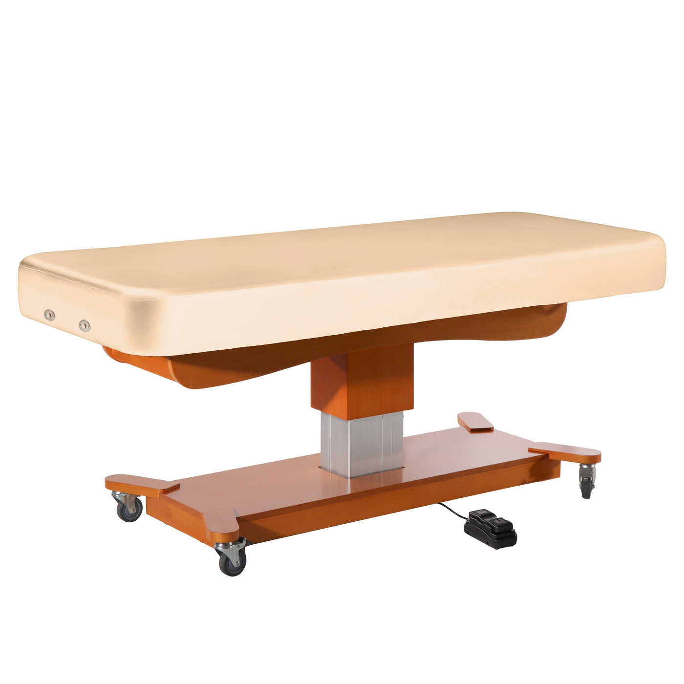 MT MAXKING Comfort Power Lift Massage Table by MT with beige cushion, wood base, and wheels.