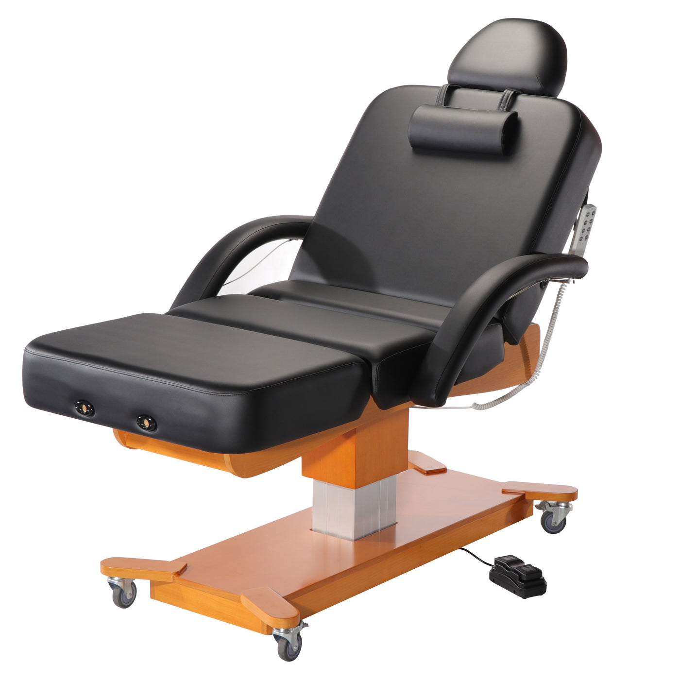 MT Massage MAXKING electric salon table by MT with armrests and smooth caster wheels.