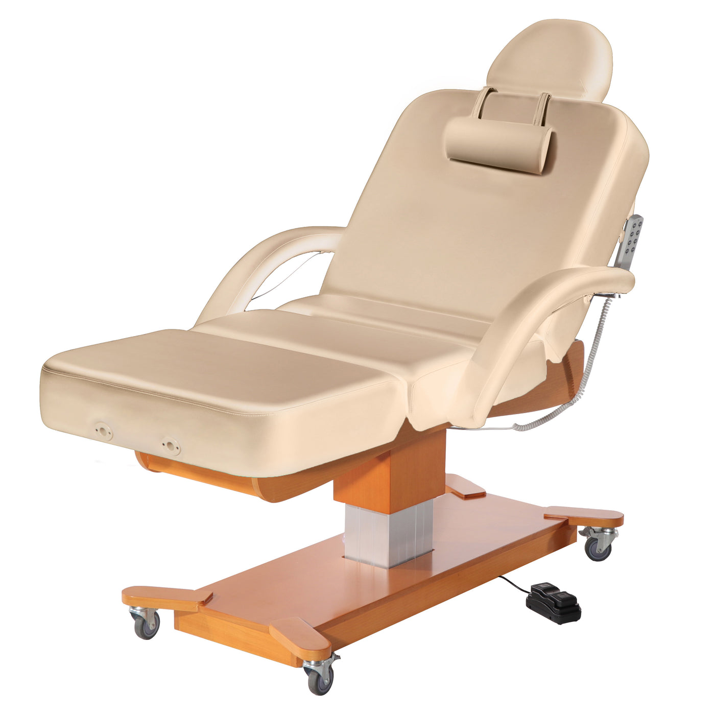 MT MAXKING 3-section electric salon table by MT with wheels, remote, and wooden base.