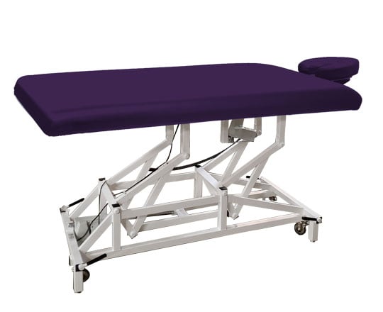 Purple McKenzie Basic massage table with white metal frame on a white background