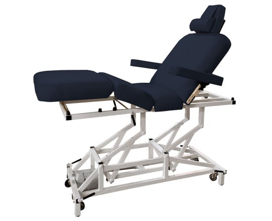 Agate McKenzie Deluxe massage table with white metal frame on a white background
