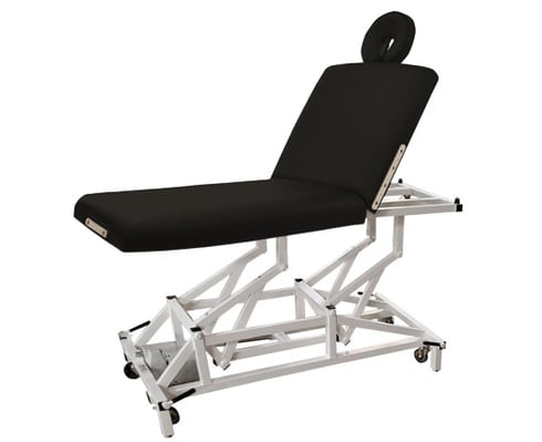 McKenzie Lift Back Black therapy table with white metal frame on a white background