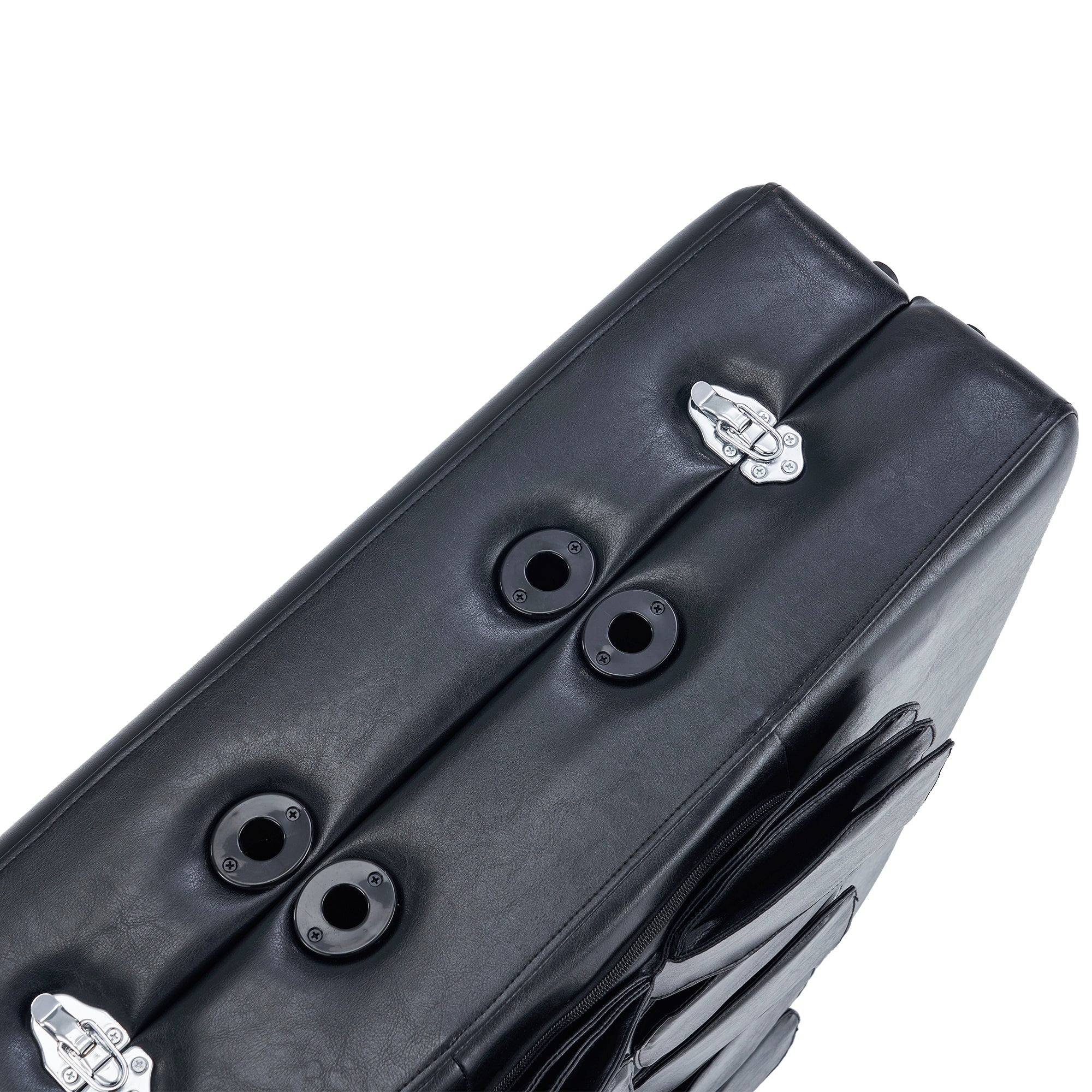 Black leather Master Massage MONACO Airwave case, top view, for portable massage table.
