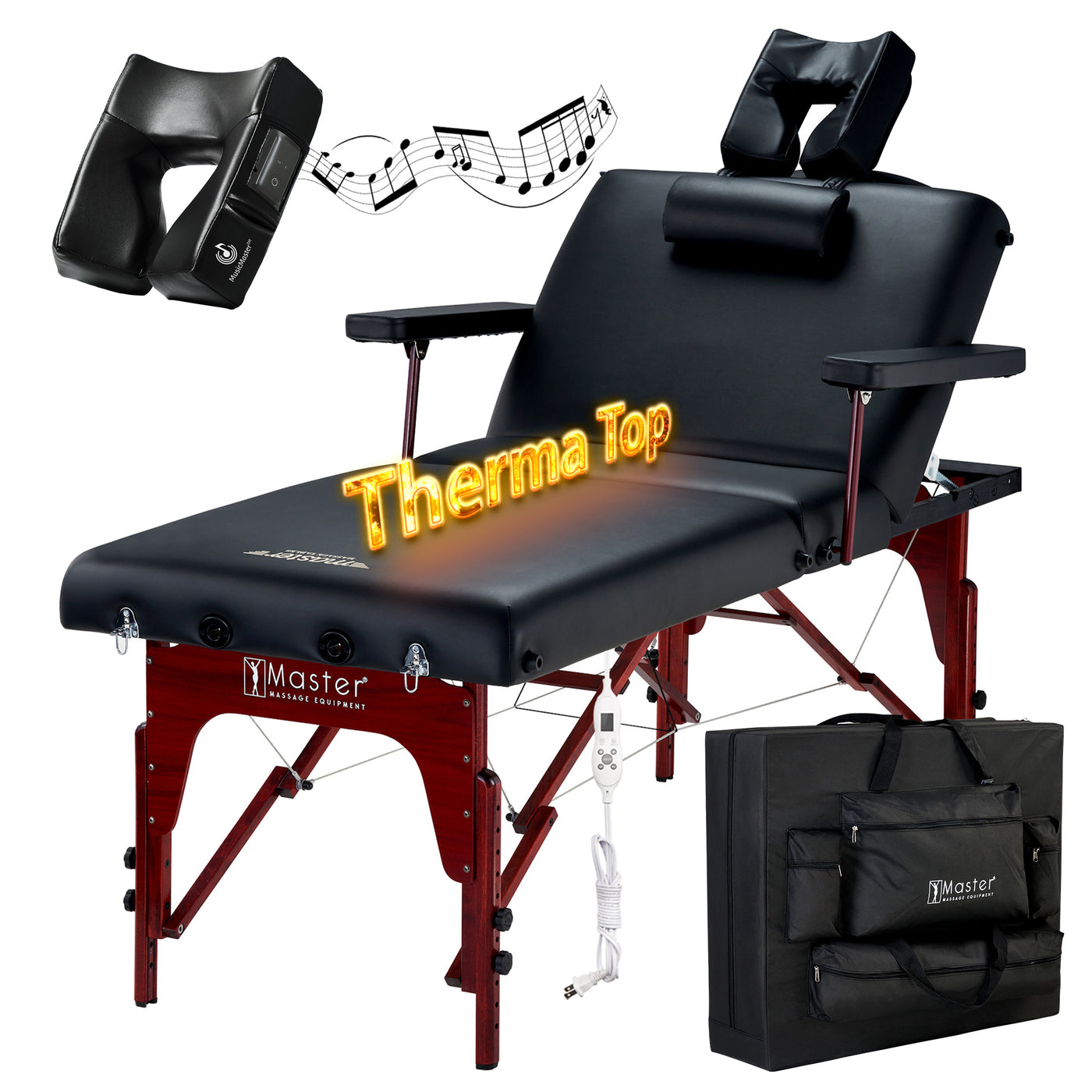 Master Massage MONTCLAIR Therma Top table, EMR safe, with music notes and carrying bag.