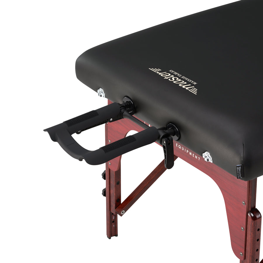 Master Massage MONTCLAIR Therma-Top table: black finish, wood legs, adjustable face cradle.