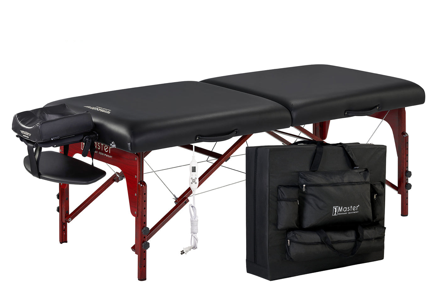 Master Massage MONTCLAIR Therma-Top table shown with wood legs, memory foam, cradle, case.