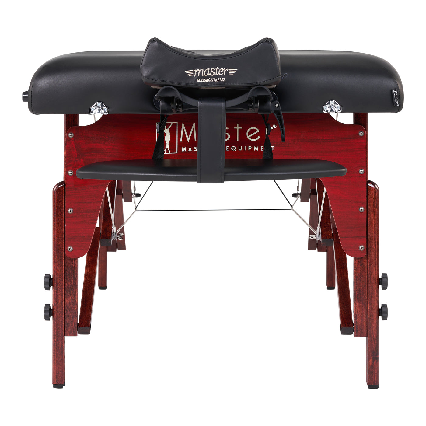 The Master Massage MONTCLAIR Therma-Top table has a black cushion and wood frame, front view.
