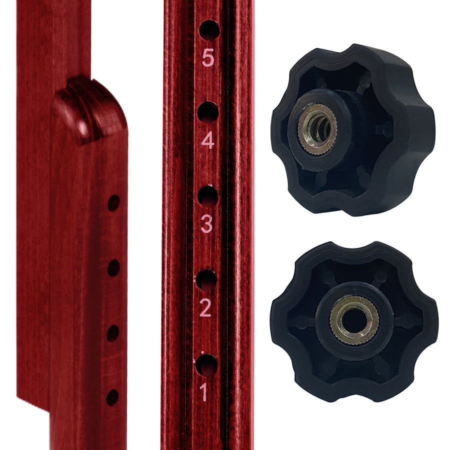 Close-up of Master Massage MONTCLAIR Therma-Top table's wood, numbered holes, and knobs.