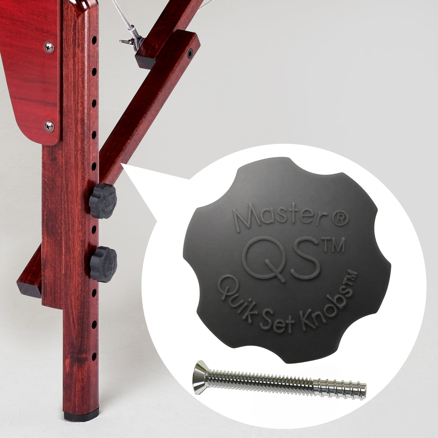 Close-up of Master Massage MONTCLAIR Therma Top Table's adjustable frame and black knobs.