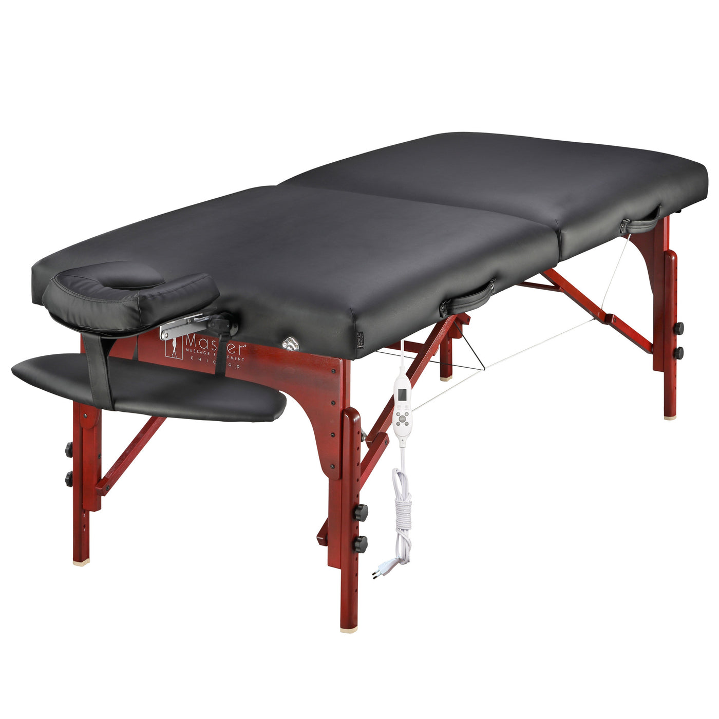 Master Massage MONTCLAIR Therma-Top portable table with memory foam and red wood legs, unfolded.