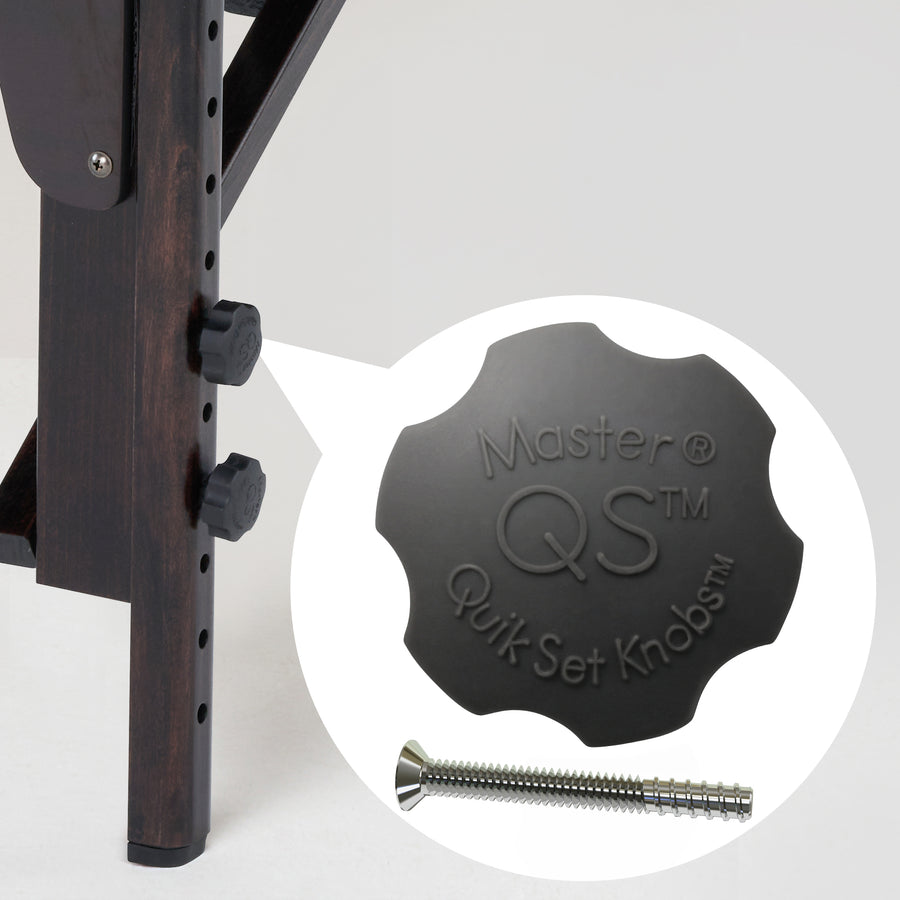 Close-up of an adjustment knob on the Master Massage MONTOUR Massage Table with screw detail.