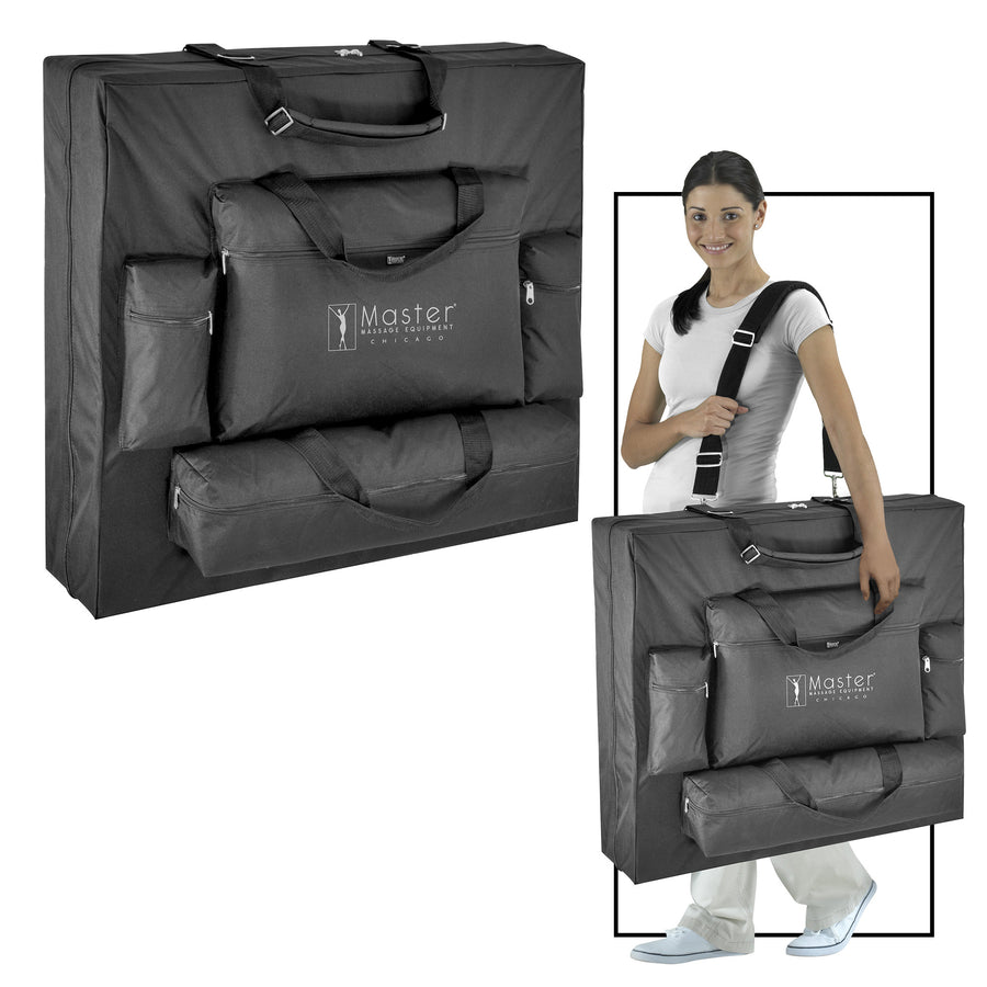 Large black case for Master Massage MONTOUR Table, held by a woman in white attire.