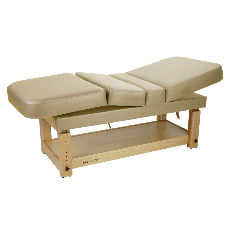 TouchAmerica STATIONARY MULTIPRO table with padded top and wood base on white background.