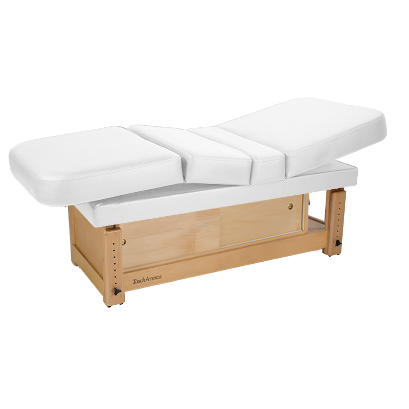 TouchAmerica STATIONARY MULTIPRO Treatment Table with cushioned top and adjustable backrest.