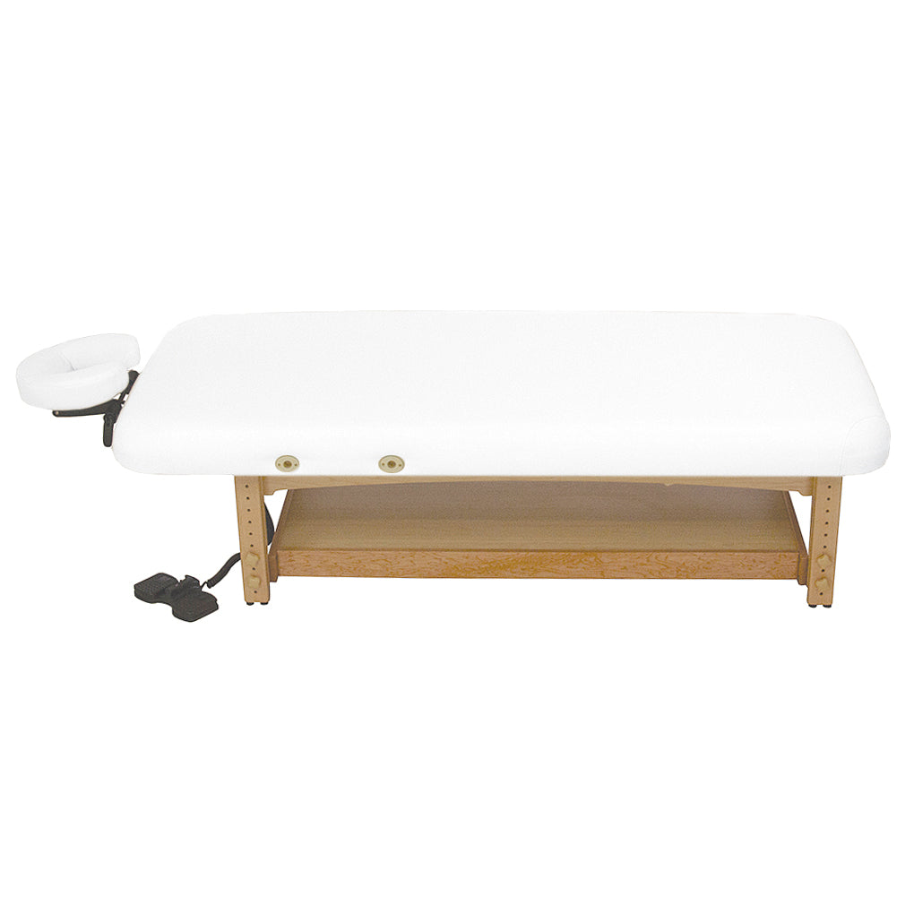 TouchAmerica OLYMPUS FLAT Electric Lift Table: white, ADA compliant, wood legs, shelf, face cradle.