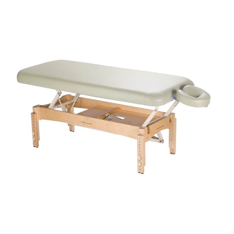TouchAmerica OLYMPUS FLAT electric lift table, light green, wood legs, adjustable face cradle.