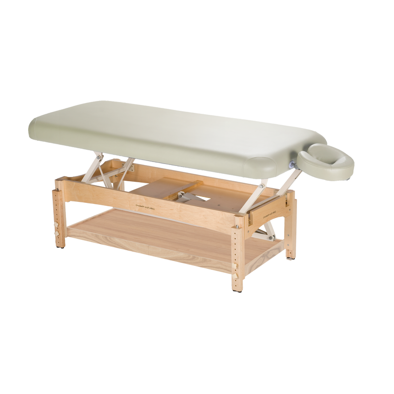 TouchAmerica OLYMPUS FLAT Electric Lift Table: motorized, height-adjustable, padded, wood frame.