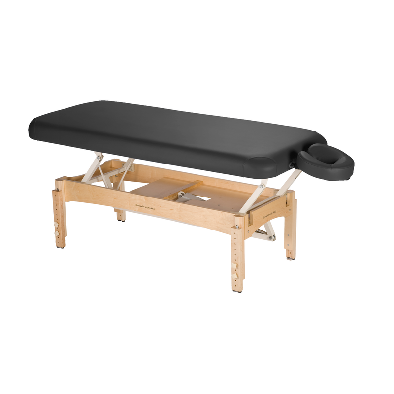 TouchAmerica OLYMPUS FLAT Electric Lift Table, black, wood legs, ADA compliant, adjustable cradle.