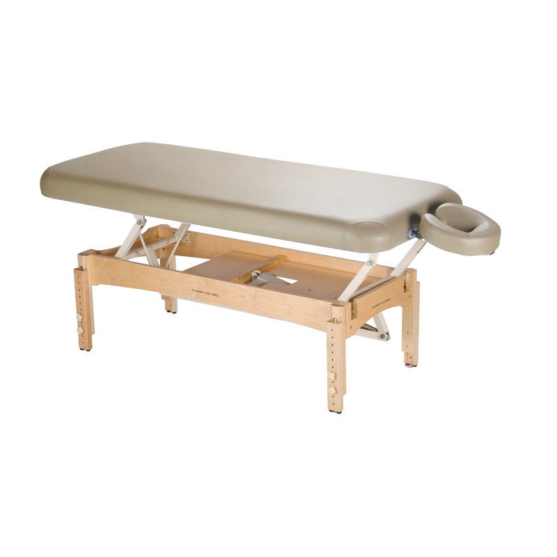 TouchAmerica OLYMPUS FLAT electric lift table, beige with wood legs and face cradle, on white.