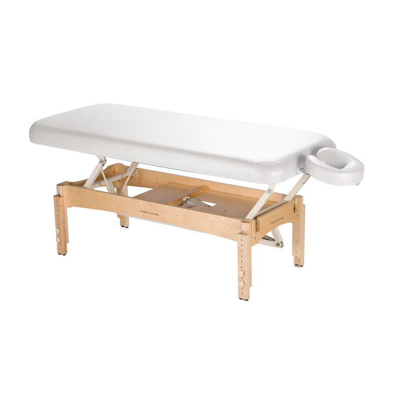 TouchAmerica OLYMPUS FLAT electric lift table with wooden legs and adjustable face cradle.