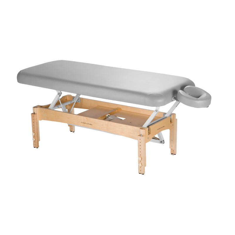TouchAmerica OLYMPUS FLAT electric lift table, gray padding, wood legs, adjustable face cradle.