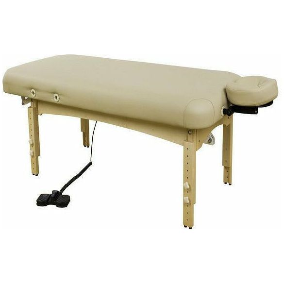 TouchAmerica OLYMPUS FLAT electric lift table with adjustable legs and foot pedal, beige.
