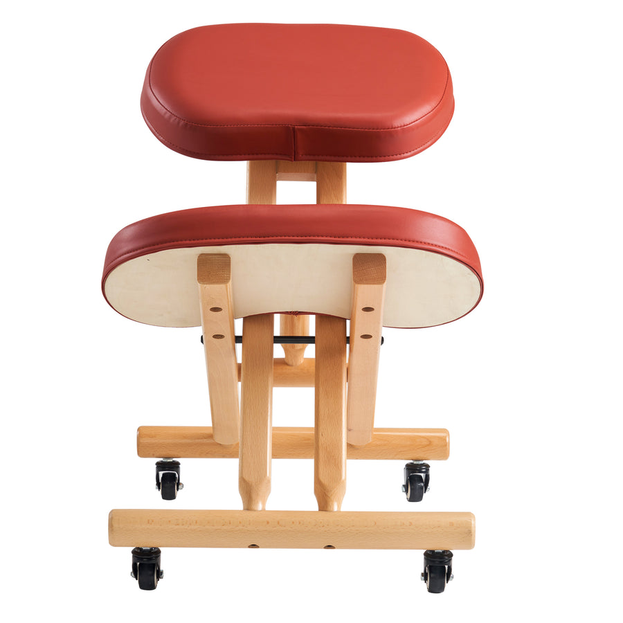 Wooden stool with cinnamon cushioned seats on a white background