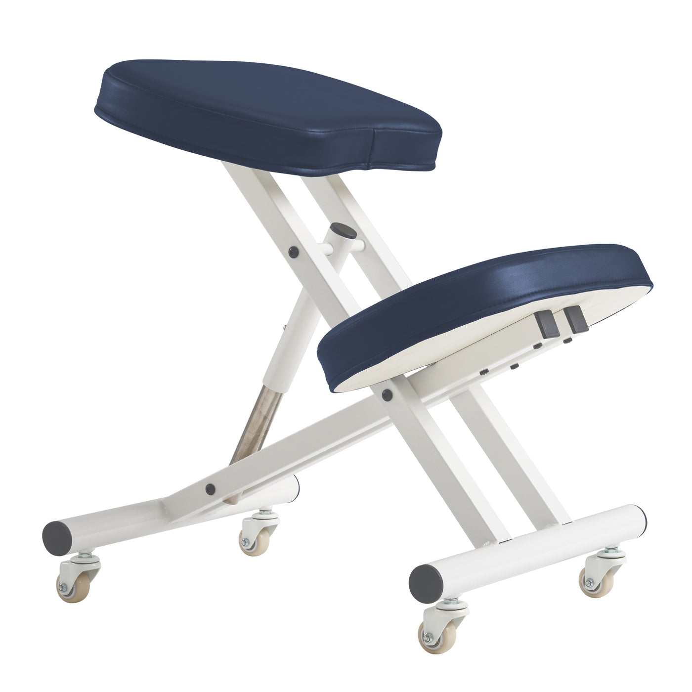 Knee stool with royal blue cushions on a white background