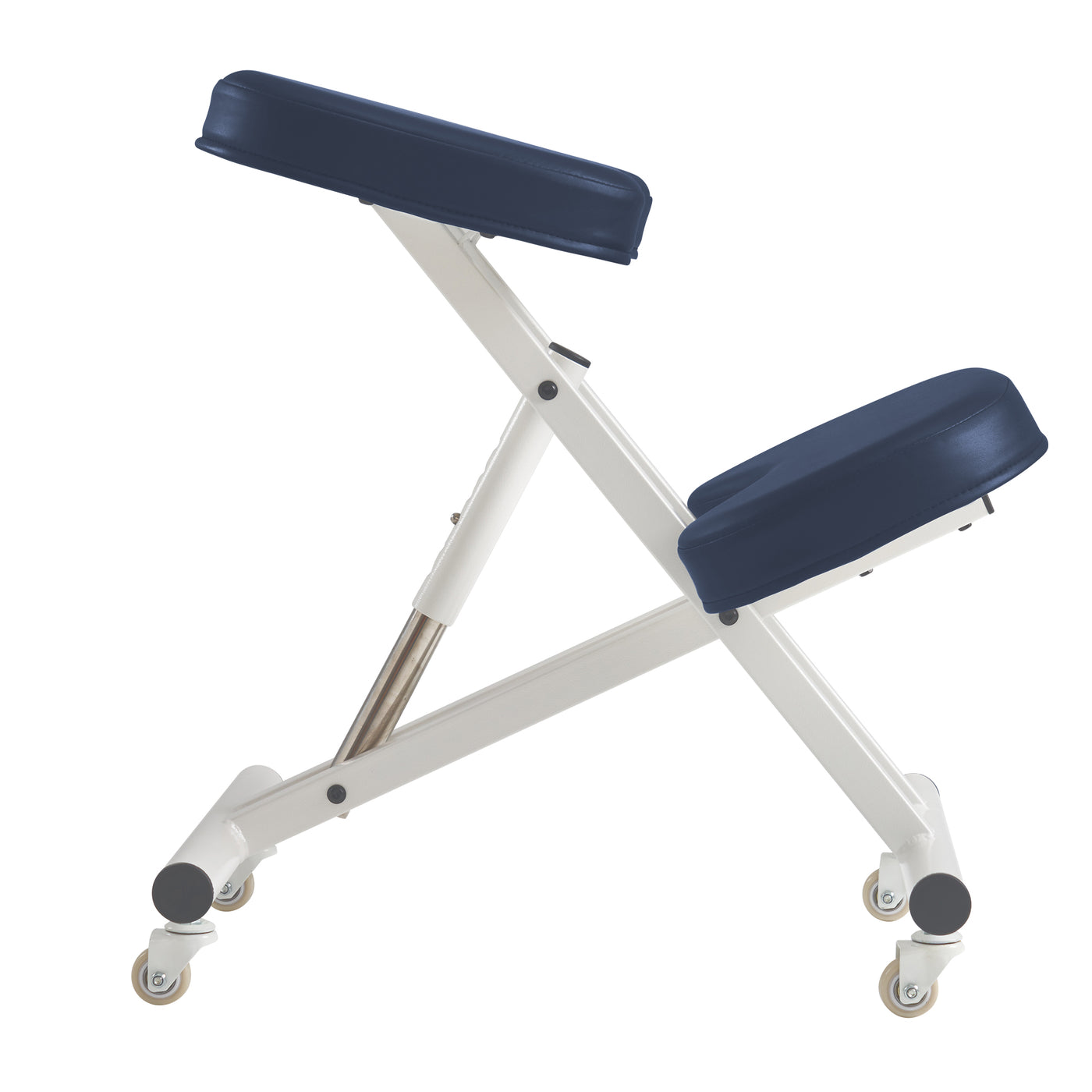 White adjustable knee stool with royal blue pads on a white background